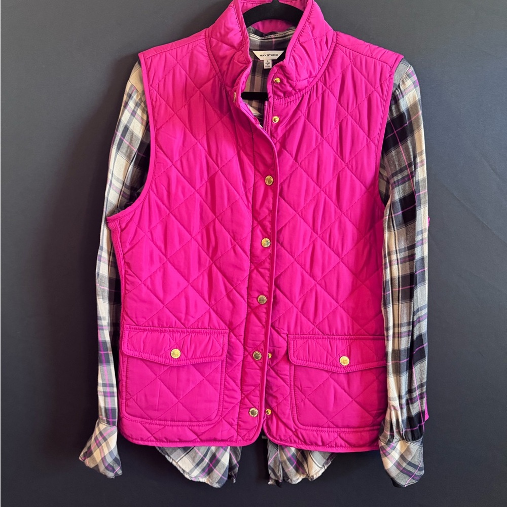 Max Studio Quilted Hot Pink Sleeveless Vest & matching plaid button down sz L
